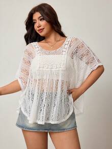 Enliva Áo khoác ngoài ren xuyên thấu phong cách Bohemian cổ điển chống nắng size lớn - trắng - Xem 7