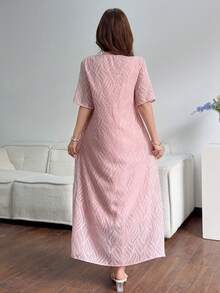 Feyla 女款圓領壓花夏日休閒短袖洋裝 - 藕粉色 - 查看 4