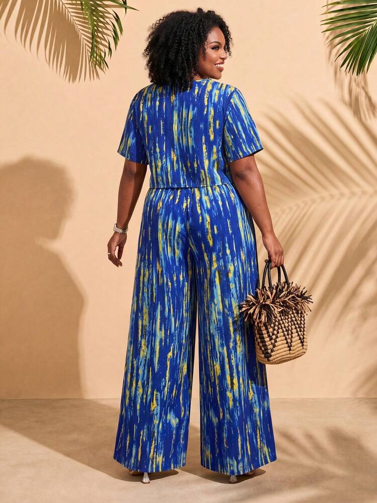 Plus Size Tie-Dye Print Top And Pants Two Pieces Set, Casual Holiday Outfit