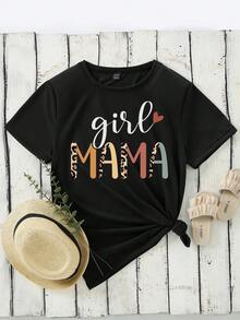 SHEIN Mother Day Women Casual Leopard Print Letter And Heart Graphic Round Neck Short Sleeve T-Shirt Graphic Tees Women Tops - Black - View 3
