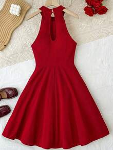 SHEIN Váy tiệc dáng chữ A cho thiếu nữ, màu đỏ, dệt kim, cổ yếm, không tay, eo chiết, phù hợp cho Giáng sinh và Năm mới - Đỏ - Xem 2