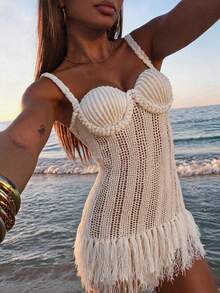 Soleia Shell-Shaped Bustier Tassel Hem Spaghetti Strap Bodycon Mini Dress, Bohemian, Boho, Vacation, Suitable For Valentine's Day Date, Spring/Summer - Apricot - View 8