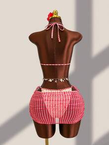 Swim Mod Bộ đồ bơi nữ 3 món, bikini, váy ngắn họa tiết hoa kẻ caro đỏ vàng, kiểu sarong cho kỳ nghỉ boho, trang phục đi biển thời trang cho mùa hè, đi nghỉ mát. - Đỏ - Xem 5