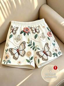 SHEIN Franclia 女款夏季蝴蝶與花卉印花鬆緊腰短褲 - 彩色 - 查看 3