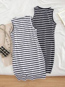 Genkimix Kids 2pcs/Set Girls' Black And White Ribbed Pattern Ribbed Sleeveless Casual Bodycon Dress, Summer Birthday - Black and White - View 3
