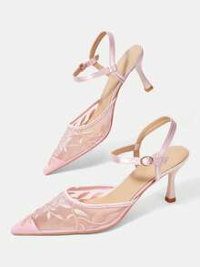 CUCCOO HITCHD Women's Embroidered Mesh Design Pointed Toe Asymmetric Heel High Heels, Romantic Elegant Stylish Mesh Pumps With Exposed Heel For Formal Occasions, Dates, Afternoon Tea, Weddings, Parties, Valentine's Day Spring Shoes - Light pink 5 - View 6