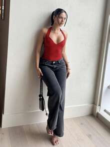 leahseptember 性感純色低胸露背掛脖上衣，夏季休閒，約會之夜 - 紅色 - 查看 2