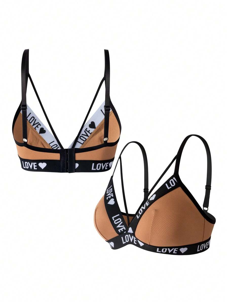 SHEIN 歐美風輕量運動英文織帶三角杯女款瑜珈內衣內褲 - 卡其色 - 查看 1