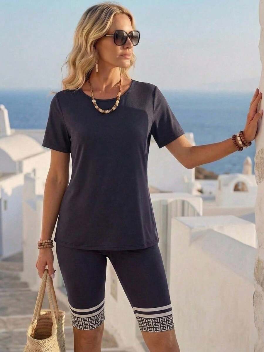 Faunlyn 2pcs/Set Women Solid Color Round Neck Short Sleeve T-Shirt And Geometric Print Leggings - Navy Blue - View 1