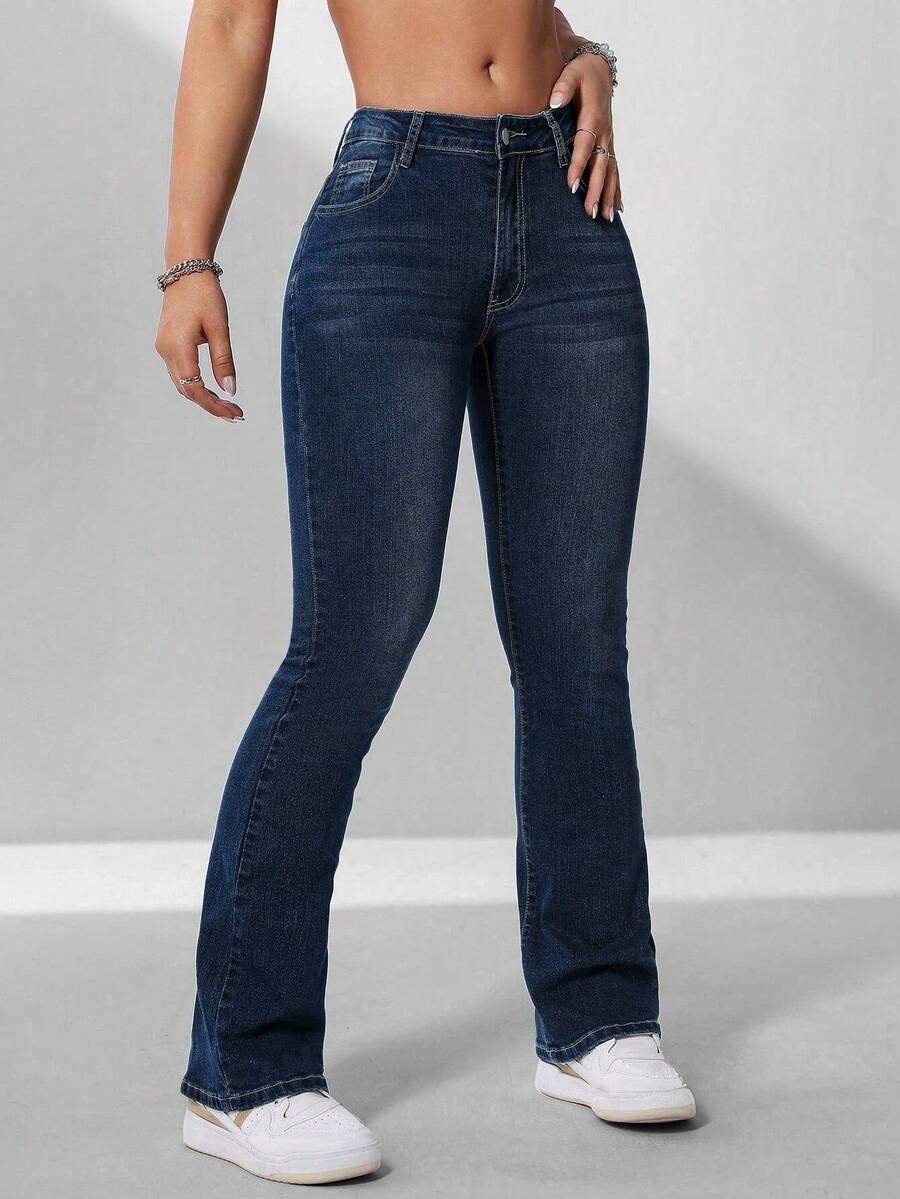 SHEIN ICON Plus Size Women Street-Style Vintage Dark Blue Elastic Jeans - Dark Wash - View 1