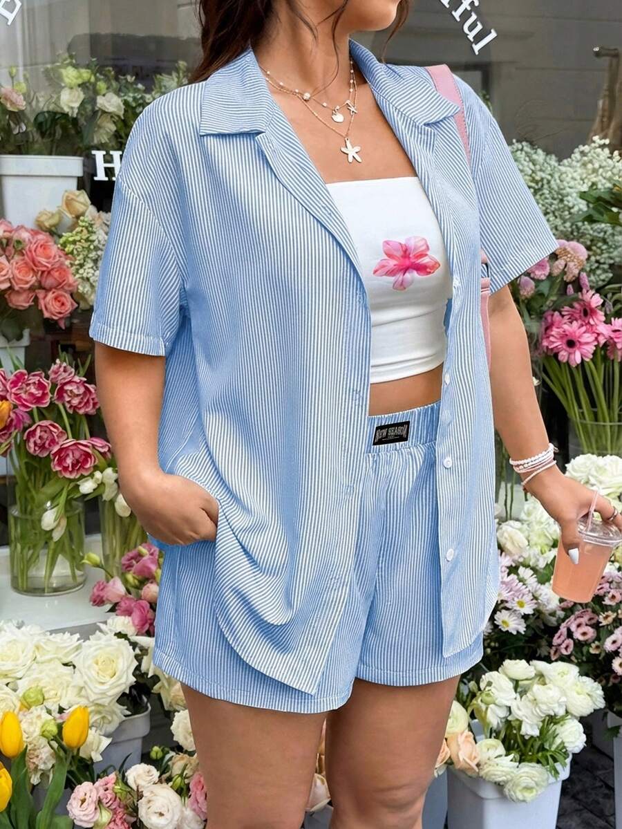 GalTyme 大码女式条纹单排扣短袖上衣和短裤休闲日常两件套 - 藍白色 - 查看 1