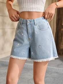 Selenza Women's Rhinestone Shiny Pocket Button Frayed Denim Shorts Vacation Light Blue Floral Summer Casual - Blue - View 4