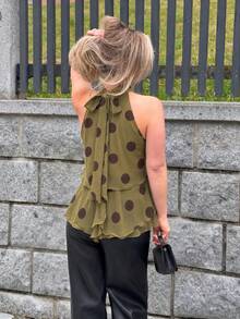 Jeta Ari 2026春夏新款極簡先鋒Y2K女款時尚性感荷葉邊飾無袖掛脖上衣休閒款 - 綠色 - 查看 2