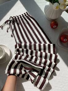 SHEIN EZwear Women Brown Striped Pants - Chocolate Brown - View 7