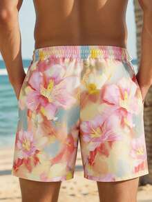 SHEIN 男士度假風花卉印花沙灘短褲，熱帶夏季海灘度假夏威夷島情侶對款，送男友禮物 - 彩色 - 查看 3