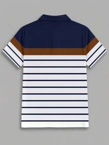Solurane Minimalist Color Block Striped Patchwork Fashion Casual Print Men's Standard Fit Short Sleeve Polo Shirt, Essential Outfit For Dates And Gatherings, Suitable For Couples, Gift For Boyfriend - Navy Blue - View 3