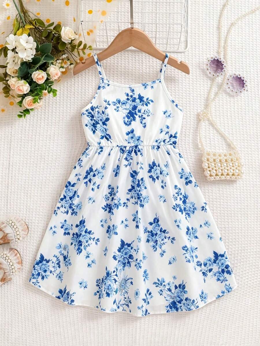SHEIN 少女款中国风印花吊带连衣裙,花卉植物印花,收腰设计,乡村度假风,适合日常穿着、外出和度假,夏季连衣裙 - 藍色 - 查看 1