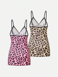 Bella Beso 2 pièces Nuisette sexy pour femmes, imprimé léopard, patchwork de dentelle contrastée, nœud, sans manches, imprimé, ourlet fendu, camisole de nuit pour l'été - Multicolore - Voir 2