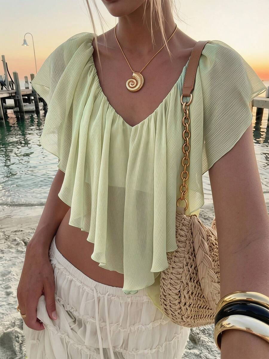Aloruh 女士优雅纯色荷叶边衬衫,夏季 - 綠色 - 查看 1