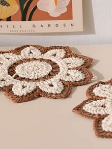 SHEIN 1Pc/2pcs/4pcs Flower Shape Embroidery Beige Apricot Coaster Embroidery Process Anti-Crochet Process, Pastoral, Natural, Retro, Contrasting Color Coffee Coaster Thermal Insulation Pad Thermal Insulation Layer Protects The Desktop - Multicolor - View 6