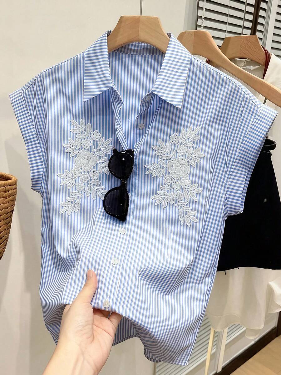 SHEIN Franclia 女款春夏條紋刺繡單排扣襯衫，適合上班與日常穿著 - 彩色 - 查看 1