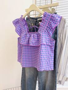 Resyla Blusa casual de mujer con estampado a cuadros, patchwork, mangas acampanadas y ribete de volantes - Multicolor - Ver 4