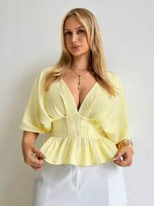 Auralis Navy Blue Faux Denim Deep V Pleated Wrap Bust Plus Size Short Sleeve Blouse/Elegant Commute Office Wear Top/Elastic Ruched Waist Ruffle Hem Blouse - Yellow - View 8