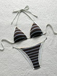 Soleia Ensemble de bikini à rayures sexy et décolleté pour femmes, été - Taupe - Voir 1