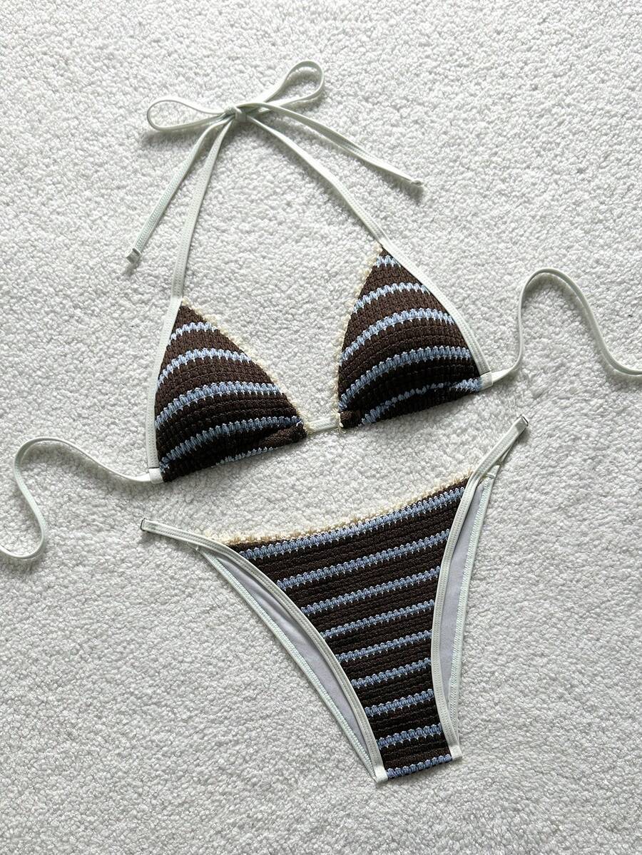 Soleia Ensemble de bikini à rayures sexy et décolleté pour femmes, été - Taupe - Voir 1