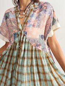 Bohemela Women's Patchwork Plaid Cashew Pattern Loose Casual Mini Dress - Multicolor - View 5