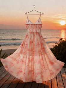 SHEIN Franclia Elegante abito da vacanza, abito in chiffon con stampa floreale, aderente con spalline sottili e ampio per le donne - Rosa - Visualizzare 3