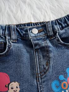 CoComelon X SHEIN 1件休閒風女童牛仔褲，舒適彈性百搭女童牛仔長褲，Cocomelone 聯名款 - 中等水洗藍 - 查看 3
