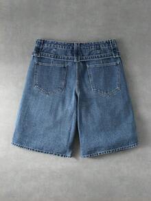 ROMWE MEN Pantalones cortos vaqueros holgados y casuales con cordón y múltiples bolsillos, con efecto lavado vintage para hombres - Azul - Ver 2
