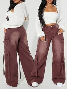 SHEIN ICON Quần jeans ống rộng thời trang có túi màu khối lớn lót nhiệt - Cà phê nâu - Xem 7