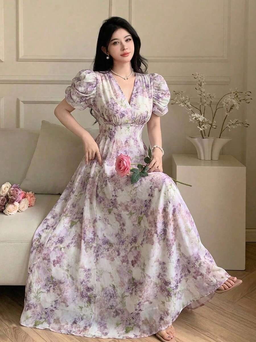 Feyla 女士优雅印花V领荷叶边泡泡袖系带连衣裙,度假风 - 淡紫色 - 查看 1