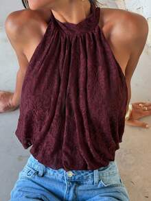 Aloruh Women's Elegant Solid Color Lace Halter Top, Summer Top,Wedding Guest, Party Top - Burgundy - View 8