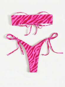 SHEIN Swim 女款夏季海灘斑馬紋性感比基尼三角泳褲泳衣套裝 - 粉色 - 查看 2