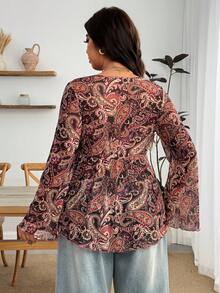 Enliva Plus Size Breathable Vintage Style Printed Tie-Front Long Sleeve T-Shirt, For Apple And Rounded Body Shape - Brown - View 2