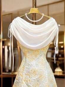 Modelyn Women's Jacquard Drawstring Shoulder Elegant Romantic Dress Wedding Formal Official White And Gold Summer - Yellow - View 6