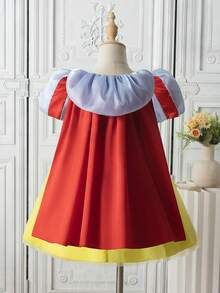 Young Girls Fashion Cute Yellow Mesh Lace Embroidered Beaded Ruffle Puff Sleeve Back Detachable Cape Princess Mini Dress, Comfortable Summer Clothing - Multicolor - View 2