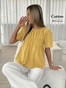 Easowa Blus Wanita Kasual Warna Polos Berlipit Leher Bulat Lengan Pendek, Kuning Mustard untuk Makan Siang Musim Panas - Kuning - View 3