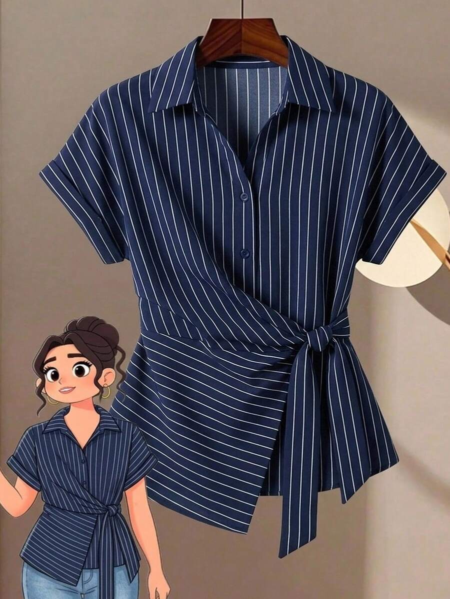 Modelyn 大尺碼女款條紋短袖綁腰休閒襯衫 - 彩色 - 查看 1