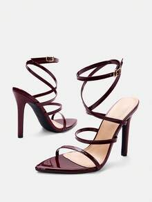 Glitzique Spring/Summer Women's Glossy Patent Leather Criss-Cross Strap Buckle Open Toe Sexy Solid Color Elegant Romantic Wedding Style Party Maroon High Heel Sandals - Burgundy - View 11