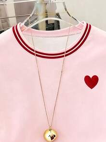 SHEIN 青少年女孩休閒日常通勤愛心圖案條紋飾邊短袖T恤，夏季 - 彩色 - 查看 4