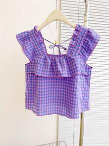 Resyla Blusa casual de mujer con estampado a cuadros, patchwork, mangas acampanadas y ribete de volantes - Multicolor - Ver 3