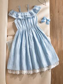SHEIN Elladie kids 女童法式雙層荷葉邊露肩細肩帶A字洋裝，輕盈夏季休閒派對洋裝 - 藍色 - 查看 4