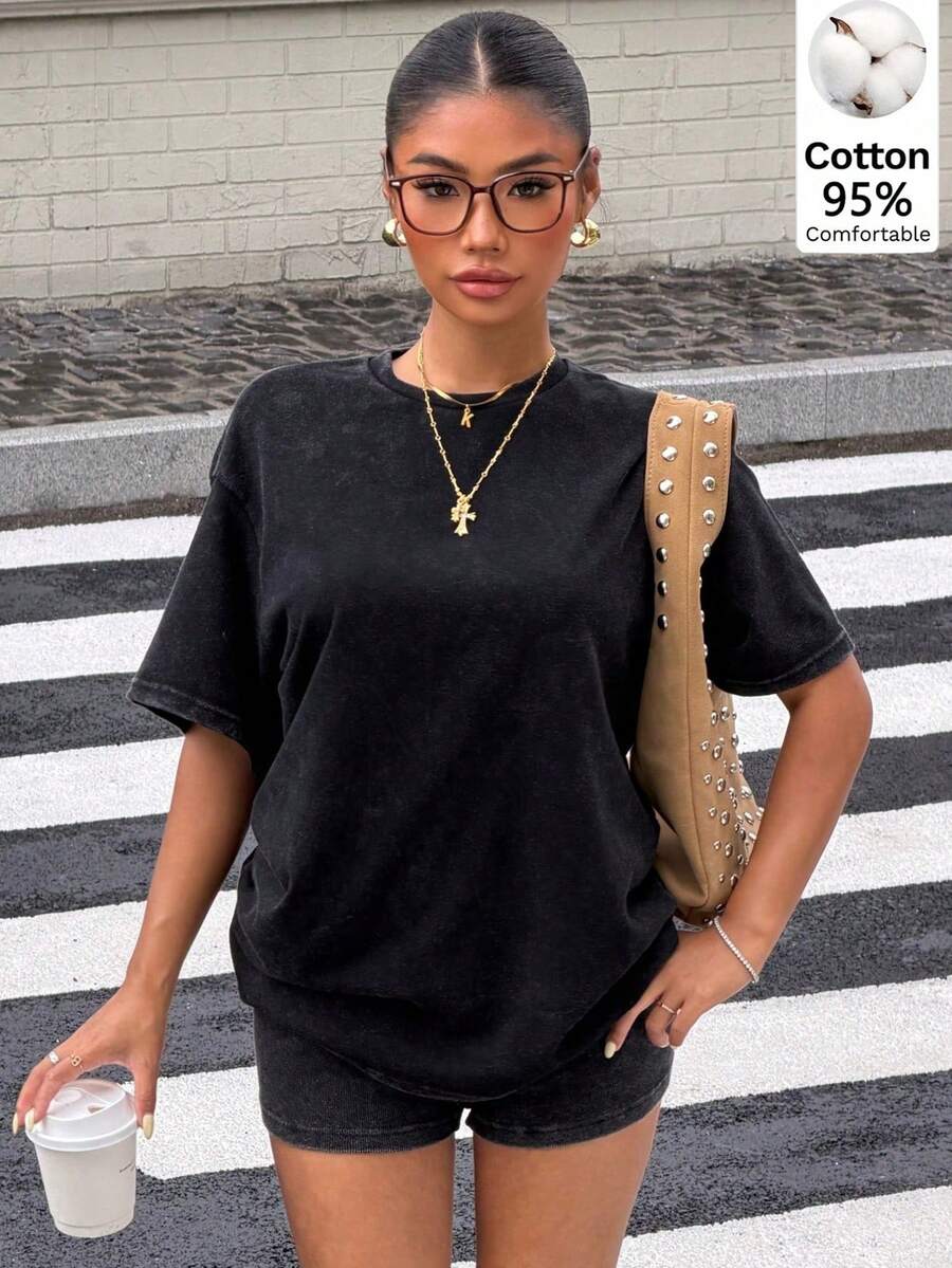 Muchica Setelan 2 Potong Kaos dan Celana Pendek Motif Salju Hitam untuk Wanita - Hitam - View 1