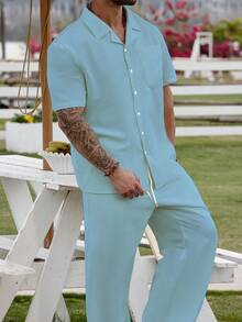 Manfinity RSRT Plus Size Men's Casual Solid Color Front Button Polo Shirt And Shorts Set, Summer - Baby Blue - View 6
