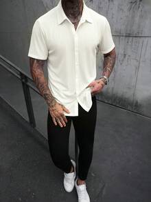 SLATEMANN 男士白色夏季基礎休閒短袖襯衫，城市度假老錢風紋理網格鈕扣上衣，純色時尚日常休閒度假正式款 - 米色 - 查看 3