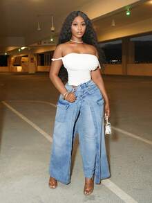 Slaydiva Quần jeans nữ màu trơn dáng ôm quấn bất đối xứng phong cách thường ngày - Màu xanh lam - Xem 6